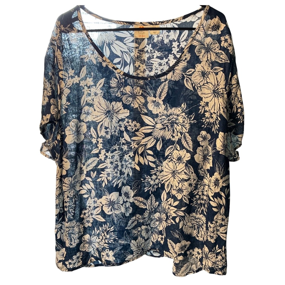 C&C California Navy White Floral 100% Linen Short Sleeve Blouse Top Plus Size 3X